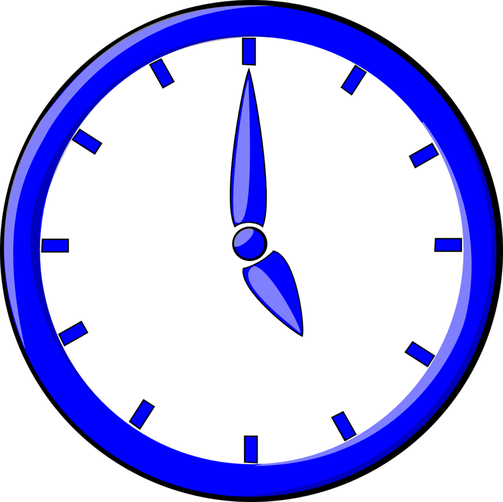 Blue clock showing 5 o'clock.