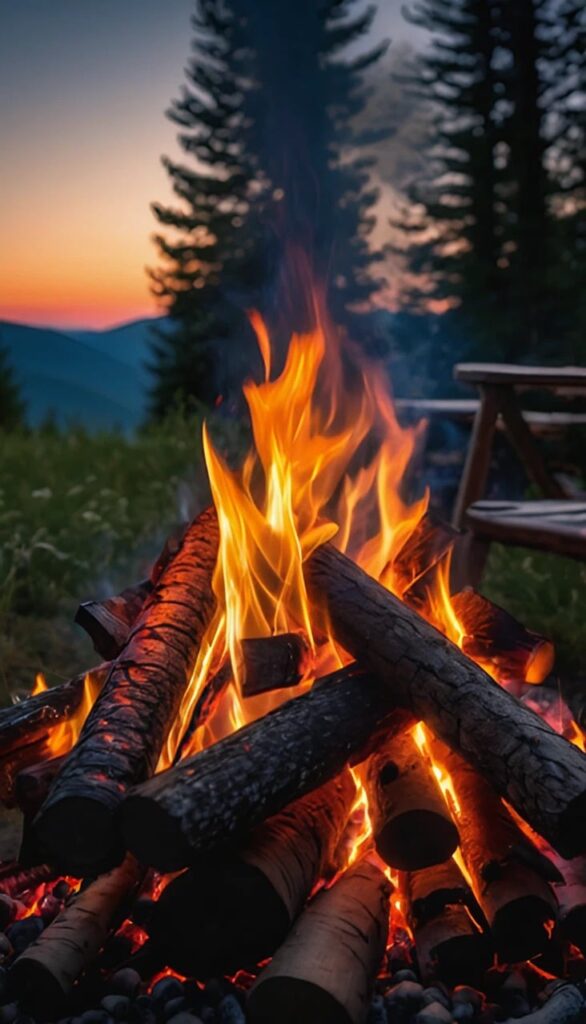 Big roaring campfire with pine trees in the background. The sun is setting.