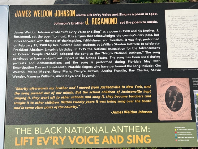 Information plaque about James Weldon Johnson and his brother J. Rosamond and the history of how they wrote the song, "Lift Ev'ry Voice and Sing" in downtown Jacksonville.